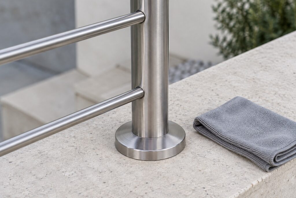 Pano de microfibra junto à base de uma guarda em aço inox no exterior