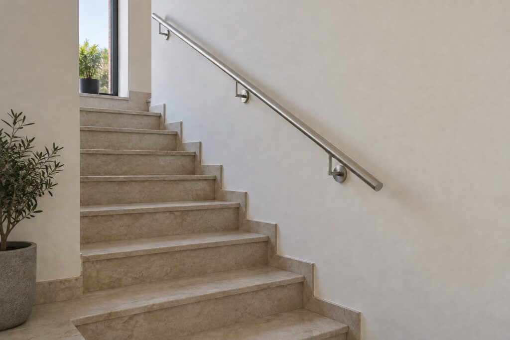 Corrimão tubular em inox fixo à parede de uma escada com degraus de pedra